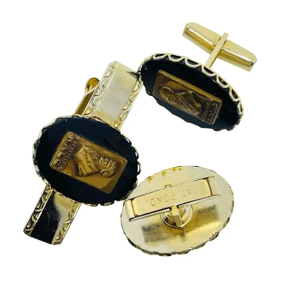 Vintage gold tone black glass A SENEFELDER N.A.L.C. tie clip cufflinks set